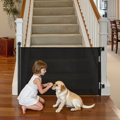 

VEVOR einziehbares Babygitter Hundegitter ausziehbar auf 145 cm (B) / 980 mm (H), Treppenschutzgitter mit Sicherheitsschloss, Schutzgitter aus Netzgewebe für Treppen Flure drinnen/draußen, Schwarz