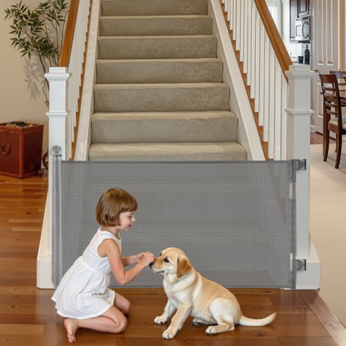 VEVOR einziehbares Babygitter Hundegitter ausziehbar auf 143 cm Breite / 795 mm Höhe, Treppenschutzgitter mit Sicherheitsschloss, Schutzgitter aus Netzgewebe für Treppen Flure drinnen/draußen, grau