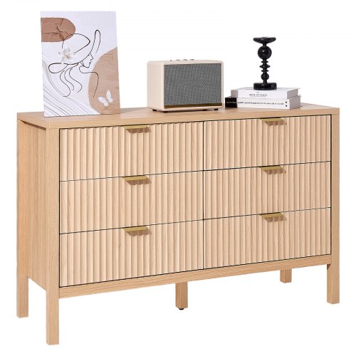

VEVOR Kommode mit 6 geriffelten Schubladen & Schiebe- und Kippschutz, minimalistischer moderner Schubladenschrank Organizer für Wohnzimmer Schlafzimmer Eingangsbereich Flur (helles Holz)