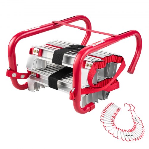 VEVOR Feuerleiter, 15 m, einziehbare Rettungsleiter max. 453,6 kg, leichte Notleiter aus Aluminiumlegierung mit hochfestem Polyestergurt, rutschfesten Sprossen & breiten Stufen, 5-6 Stockwerke
