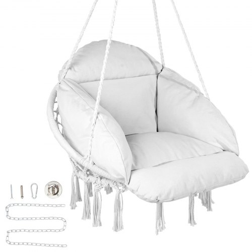 

VEVOR Hängesessel, Makramee-Hängesessel mit Kissen und Befestigungsmaterial, Baumwollseil-Schaukelstuhl für Schlafzimmer, Balkon, Terrasse, Garten, 120 kg Tragkraft, weiß