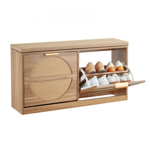 VEVOR Schuhregalbank Schuhbank (988 x 240 x 500 mm), Rattan-ähnliche Eingangsbank, Schuhregal mit Kissen & 4 Fächern & Rattantüren (200 kg belastbar), für Haustür Flur Wohnzimmer Schlafzimmer