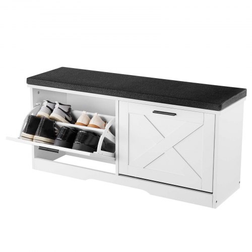 VEVOR Schuhregalbank Schuhbank (1000 x 305 x 475 mm), Eingangsbank mit Klappschubladen & Kissen & Türen, Schuhregal (200 kg belastbar), für Haustür Flur Wohnzimmer Schlafzimmer Schwarz Weiß
