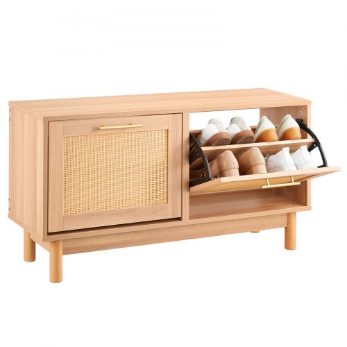 

VEVOR Schuhregalbank Schuhbank (100 x 30 x 53 cm), Rattan-ähnliche Eingangsbank mit 2 Klappschubladen, Schuhregal mit 4 Fächern & 2 Rattantüren (136 kg belastbar), für Flur Wohnzimmer Schlafzimmer