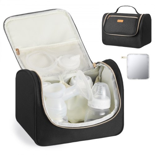 VEVOR Tragbare Milchpumpentasche, Tragetaschen für Milchpumpe, mit wasserdichter Matte, passend für M5/M6, Pumpzubehör & Aufbewahrung von Muttermilch, für Arbeit, Reisen, Schwarz, 255x150x190 mm