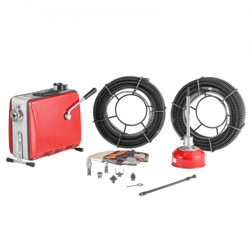 VEVOR Elektrische Rohrreinigungsmaschine, 500W, 1400U/min, Abflussreiniger, 2 Stk. 20mx16mm & 5mx9,5mm Federkabel, 0,4mx12mm flexible Feder & 6 Schneider, für Rohre mit 50–110mm Durchmesser