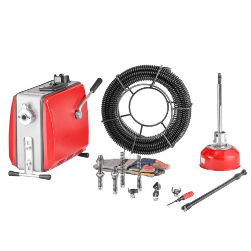 VEVOR Elektrische Rohrreinigungsmaschine, 500 W, 1400 U/min, Abflussreiniger, 20 m x 16 mm & 5 m x 9,5 mm Federkabel, 0,4 m x 16 mm flexible Feder & 8 Schneider, für Rohre mit 50-110 mm Durchmesser