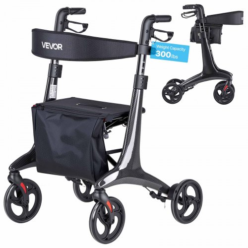 VEVOR Rollator Faltbar mit Sitz, Leichter Gehwagen mit 8 Zoll Reifen, Gehhilfe bis 136kg mit Rückenlehne Tasche Gehstockhalter, Höheverstellbare Laufhilfe mit Feststellfunktion für Senioren, Schwarz