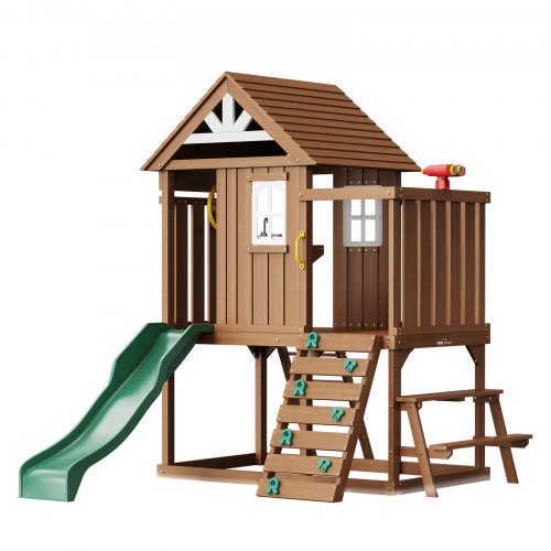 VEVOR Holzspielhaus Kinderspielhaus, Gartenhaus für Kinder ab 2 Jahren, Gartenspiele-Hütte, Spielhaus aus Zedernholz im Landhausstil mit Rutsche, Leiter, Kletterwand, Fenstern, Picknicktisch Outdoor