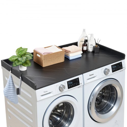 VEVOR Arbeitsplatte für Waschmaschine & Trockner (137 x 69,9 cm) mit Erhöhtem Rand & Haken, zur Organisation und Aufbewahrung im Wäscheschrank Speisekammer Küchentheke, bis 113 kg Belastbar, Schwarz