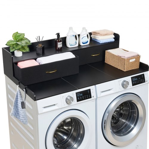 VEVOR Arbeitsplatte für Waschmaschine & Trockner (137 x 69,9 cm) mit Ablage & 2 Schubladen & Haken, für Wäscheschrank Speisekammer Küchentheke, 113 kg Belastbar, Schwarz, Ablagefläche für Waschmittel