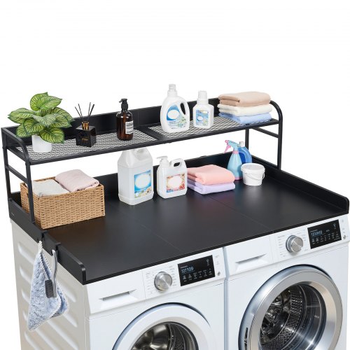 VEVOR Arbeitsplatte für Waschmaschine & Trockner (137 x 69,9 cm) mit Haken & Ablage, zur Organisation und Aufbewahrung im Wäscheschrank Speisekammer Küchentheke, bis 113 kg Belastbar, Schwarz