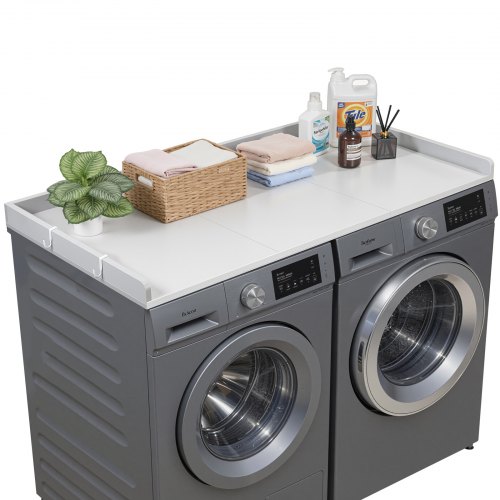VEVOR Arbeitsplatte für Waschmaschine und Trockner (137 x 69,9 cm) mit Erhöhtem Rand & Haken, zur Organisation und Aufbewahrung im Wäscheschrank Speisekammer Küchentheke, bis 113 kg Belastbar, Grau