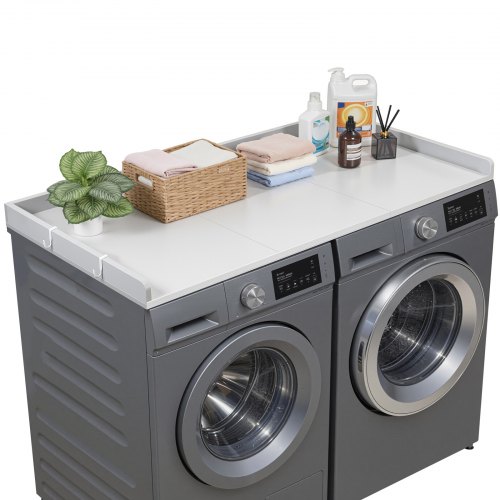 VEVOR Arbeitsplatte für Waschmaschine und Trockner (137 x 69,9 cm) mit Erhöhtem Rand & Haken, zur Organisation und Aufbewahrung im Wäscheschrank Speisekammer Küchentheke, bis 113 kg Belastbar, Grau