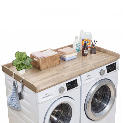 

VEVOR Arbeitsplatte für Waschmaschine & Trockner (137 x 69,9 cm) mit Erhöhtem Rand & Haken, zur Organisation und Aufbewahrung im Wäscheschrank Speisekammer Küchentheke, 113 kg Belastbar, Eichenoptik