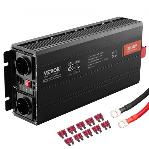 

VEVOR Sinus-Wechselrichter 3000 W DC 12 V AC 230 V LCD-Display Wechselrichter mit 3 AC-Steckdosen 2 USB-Anschlüssen 1 Typ-C-Anschluss 10 Ersatzsicherungen für große Haushaltsgeräte