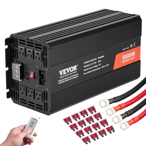 VEVOR Sinus-Wechselrichter 5000 W DC 12 V auf AC 230 V Wechselrichter mit 2 AC-Steckdosen 2 USB-Anschlüssen 1 Typ-C-Anschluss LCD-Display und Fernbedienung für Haushaltsgeräte mit hoher Belastung