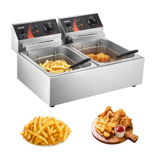 VEVOR wunicorn Fritteuse 295 x 235 x 150 mm Commercial Elektro-Fritteuse Tief, Doppel-Kaltzonen-Fritteuse YB-82 Fritteuse Maschine Silbrig - 6 L + 6 L 5000W 220V für Schnellrestaurants Snackbars 10 kg