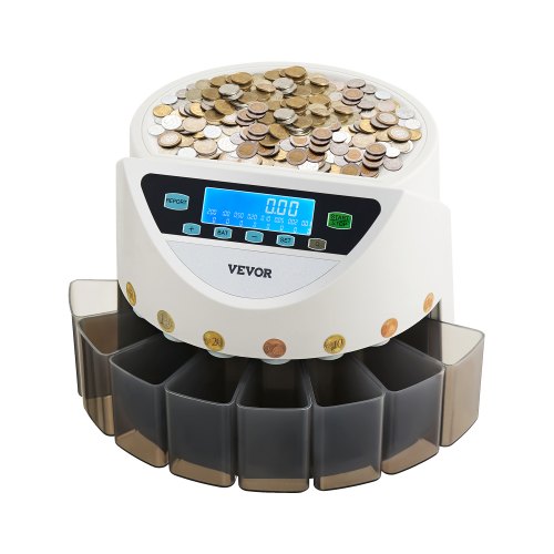 VEVOR Euro-Münzsortierer, Münzzählmaschine für 8 Arten von Euro-Münzen, Münzzählautomat für bis zu 850 Münzen, großes LCD-Display, Münzaufbewahrung inkl. 5 Münzröhren & 8 Münzboxen