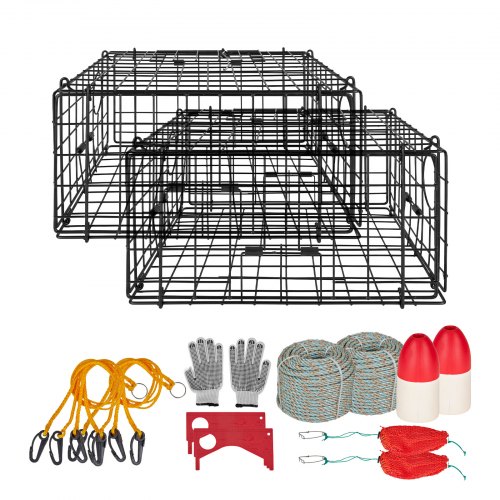 VEVOR Krabbenfalle 2er-Pack, 62 x 62 x 30 cm Krabbenreuse für Dungeness Crabs, PVC-beschichtetes Drahtgeflecht, inkl. 30 m Bleileine, Boje (Rot+ Weiß) und Handschuhen, Angelzubehör für Salzwasser