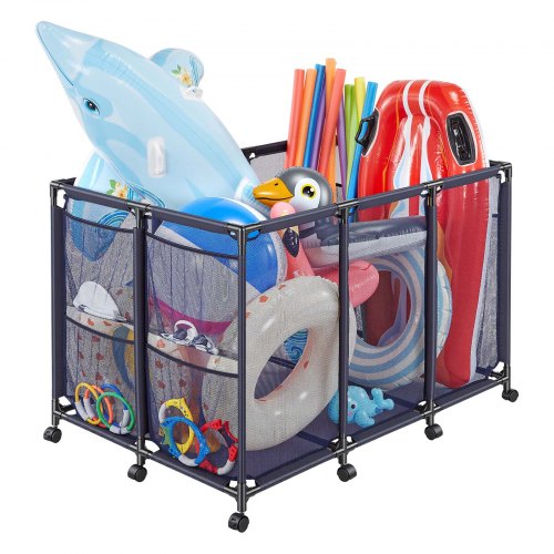 VEVOR Pool-Aufbewahrungsbehälter, 125x84x84 cm, Aufbewahrungsbox, Aufbewahrungswagen, Organizer mit Seitentaschen & Rollen, Robustem Metallrahmen, Netzkorb für Poolspielzeug