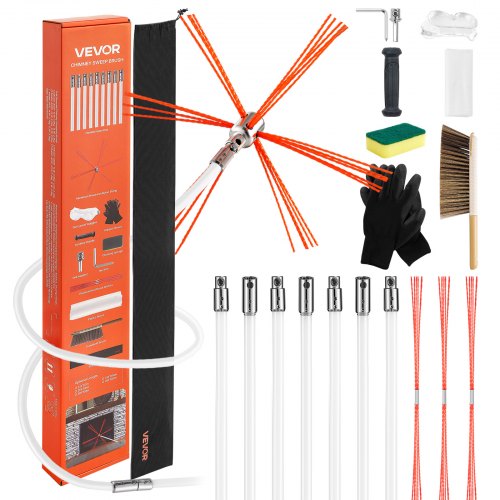 VEVOR Ofenrohrbürste-Set, 7 m max. Länge, Schornsteinbürsten, Schornsteinfeger-Satz, Kaminbürste, um 90° biegbares Kaminreinigungswerkzeug, für quadratische & rechteckige Schornsteine