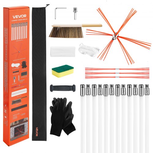 VEVOR Ofenrohrbürste-Set, 12 m max. Länge, Schornsteinbürsten, Schornsteinfeger-Satz, Kaminbürste, um 90° biegbares Kaminreinigungswerkzeug, für quadratische & rechteckige Schornsteine