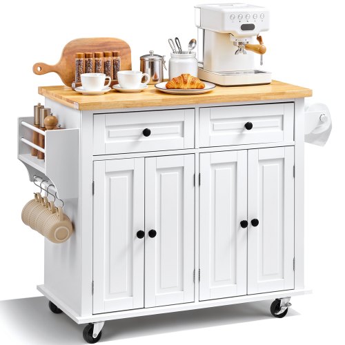 VEVOR Servierwagen Küchenwagen 1100 x 450 x 825 mm, 136 kg Belastbar Kücheninsel Küchenschrank, Rollwagen Küchentrolley mit Handtuchhalter & 2 Schubladen, Mikrowellenschrank Küchenrollwagen Massivholz