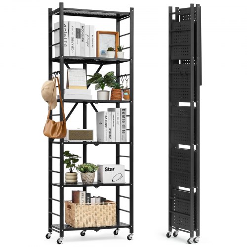 

VEVOR 6 Etagen, Klappbare Regale mit Rädern, 30x61x183 cm, Faltbares Schwerlastregal, montagefreies Standregal, Haushaltsregal, Küchenregal, Metallregal für Garage, Küche, Keller, schwarz