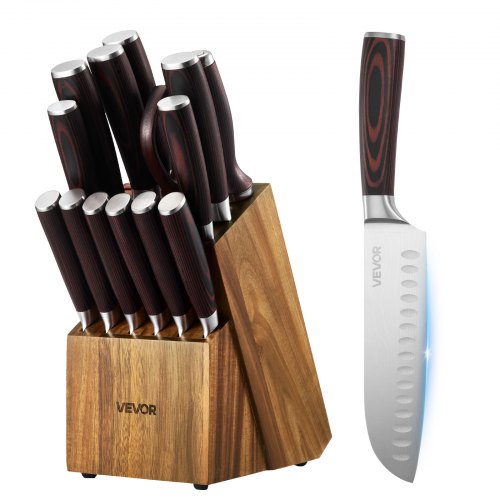 

VEVOR Küchenmesserset mit Messerblock (Holz) & Wetzstahl, 15-tlg. Messerset, scharfe Messer aus hochkohlenstoffhaltigem Edelstahl, Küchenbesteck mit ergonomischem Griff, für Zuhause