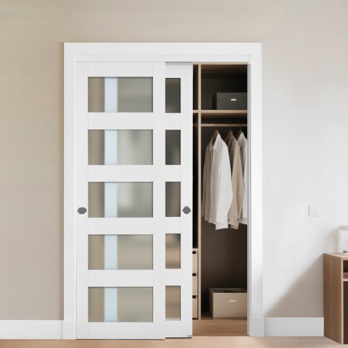 VEVOR Schiebetür 1219 mm x 2032 mm (passende Öffnungsgröße), Bypass-Schiebetüren aus Milchglas mit Hardware-Kit, Massivholz & MDF-Platte mit wasserfester PVC-Oberfläche für Schränke Weiß
