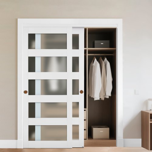 VEVOR Schiebetür 1524 mm x 2032 mm (passende Öffnungsgröße), Bypass-Schiebetüren aus Milchglas mit Hardware-Kit, Massivholz & MDF-Platte mit wasserfester PVC-Oberfläche für Schränke Weiß