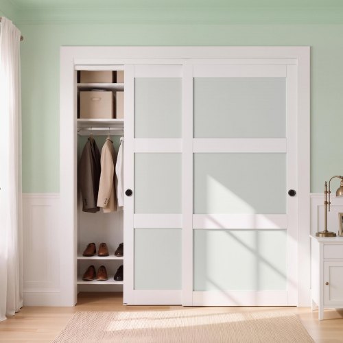 VEVOR Schiebetür 1829 mm x 2032 mm (passende Öffnungsgröße), Bypass-Schiebetüren aus Milchglas mit Hardware-Kit, Massivholz & MDF-Platte mit wasserfester PVC-Oberfläche für Schränke Weiß