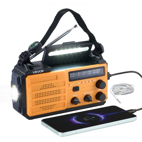 VEVOR Notfall Wetterradio Kurbelradio 8000 mAh Akku, FM/AM/WB/NOAA-Alarm, Solar-Notfallradio mit USB-Ladekabel & SOS-Alarm & Taschenlampe, SOS für Camping Notladung von Smartphone Gelb
