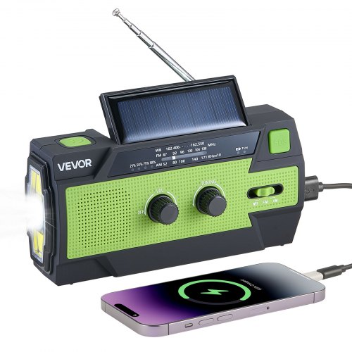 VEVOR Notfall Wetterradio Kurbelradio 4000 mAh Akku, FM/AM/WB/NOAA-Alarm, Solar-Notfallradio mit USB-Ladekabel & SOS-Alarm & Taschenlampe, SOS für Camping Notladung von Smartphone Grün