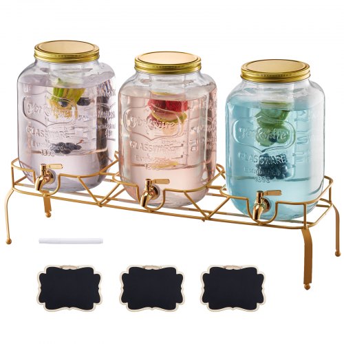 VEVOR Getränkespender (3 x 8 L) für Partys Saftspender (aus Glas) mit tropfsicherem Zapfhahn & Metallständer Wasserspender für Restaurants Partys, Limonade Eistee selbstgemachte Getränke Spender