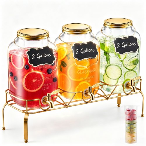 VEVOR Getränkespender (3 x 8 L) für Partys Saftspender (aus Glas) mit tropfsicherem Zapfhahn & Metallständer Wasserspender für Restaurants Partys, Limonade Eistee selbstgemachte Getränke Spender