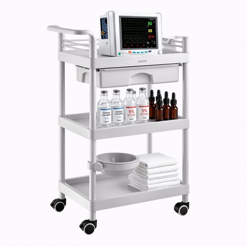 VEVOR Medizinwagen 50 kg Laborwagen Medizinischer Servicewagen 60x34x88 cm, Transportwagen für Klinik Krankenhaus Schönheitssalon Labor, Kosmetikwagen mit Ablageflächen, Schublade, Rollen, PP-Material