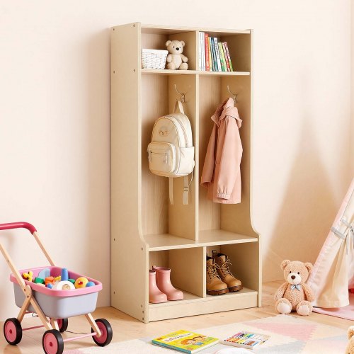 

VEVOR Offener Kinderkleiderschrank aus Sperrholz, Kindergarderobe mit 4 Haken & 6 Fächern (2 Groß + 4 Klein), Garderobenregal & Aufbewahrungsregal für Kinderzimmer Zuhause Kindergarten Kita
