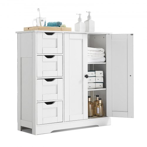 VEVOR Badezimmerschrank Badschrank 3-stufig aus Holz mit 2 Türen & 4 Schubladen & verstellbarem Regal, Bodenschrank für Küche/Wohnzimmer/Eingangsbereich, Aufbewahrungsschrank Küchenschrank weiß