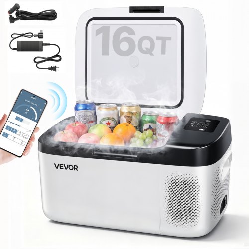 VEVOR Kompressor Kühlbox 15 L,12/24V DC Elektrische Gefrierbox mit App-Steuerung, 100–240 V AC Autokühlschrank für Camping Reisen Lastkraftwagen Angeln, 60 W Thermoelektrische Kühlbox Tragbar