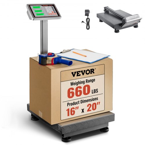 VEVOR Digitale Plattformwaage, 300 kg Tragkraft, 50 g hohe Genauigkeit, elektronische Bodenwaage mit LB/KG, Tara, Preisrechner, AC/DC-Stromversorgung, geeignet für Gepäck, Versand, Pakete, Porto