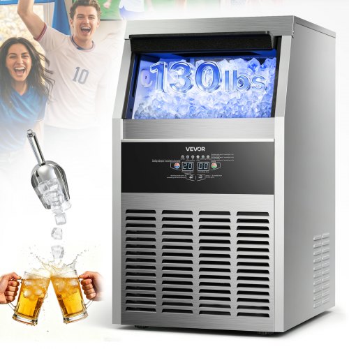 VEVOR Gewerbliche Eiswürfelmaschine 59 kg/Tag Eiswürfelbereiter mit 14 kg Eisvorratsbehälter, Edelstahl Freistehende Eismaschine mit LED-Anzeige Selbstreinigung, Ideal für Hausbar Restaurant Café