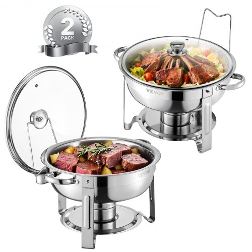 

VEVOR Chafing Dish Buffet Speisenwärmer mit 2 Behältern in voller Größe (4,7 L pro), runder Catering-Wärmespender mit Glasdeckel & Wasserpfanne & klappbarer Ständer, für Buffet Partys Silber