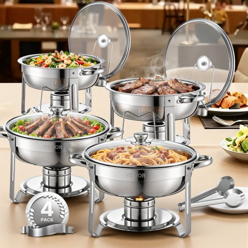 VEVOR Chafing Dish Buffet Speisenwärmer mit 4 Behältern in voller Größe (4,7 L pro), runder Catering-Wärmespender mit Glasdeckel & Wasserpfanne & klappbarer Ständer, für Hochzeiten Buffet Silber