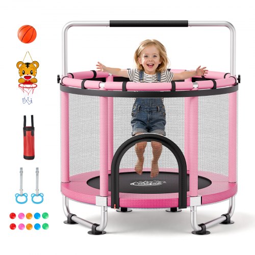 VEVOR Trampolin Mini für Kinder mit Sicherheitsnetz Haltestange Pink, Gartentrampolin Outdoor mit Basketballkorb, Basketball und Sandsack für Kinder, Weihnachts- oder Geburtstagsgeschenk