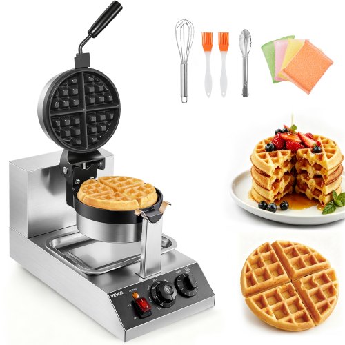 VEVOR Rundes Waffeleisen Waffel 1300 W, Kontaktgrill Belgische Waffeleisen 4 Stk. Edelstahl Waffeln Automat inkl. Lebensmittelclip & Bürsten & Verbrühungssicherer Griff, für Cafés, Restaurant usw.