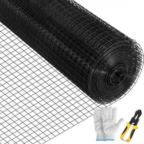 

VEVOR Volierendraht 61 x 1524 cm, Maschendraht, verzinkter mit Vinyl beschichteter 16-Gauge-Draht mit einer Schneidezange und einem Paar Stoffhandschuhen, für Gartenzäune und Haustiergehege, schwarz