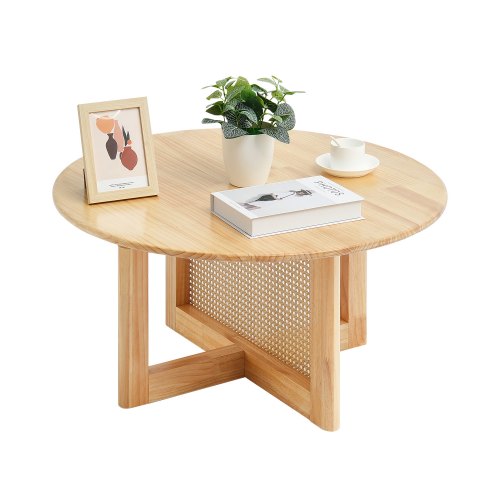 

VEVOR runder Couchtisch aus geflochtenem Rattanholz mit Tischplatte aus Gummibaumholz, moderner Boho-Couchtisch (85 x 85 x 42 cm) mit Stauraum & Beinen aus Naturholz, für Wohnzimmer Schlafzimmer