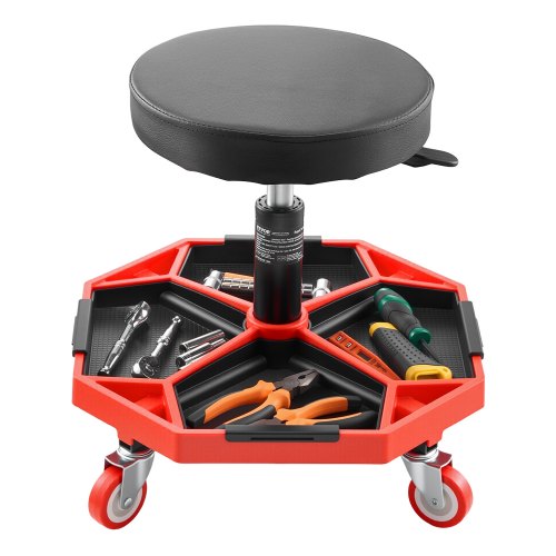 VEVOR Rollbarer Werkstatthocker Werkstattsitz (136 kg Tragkraft) Garagensitz Arbeitshocker, höhenverstellbar (420–550 mm), Rollsitz mit Werkzeugablage für Garage Werkstatt Autoreparatur, Schwarz+Rot